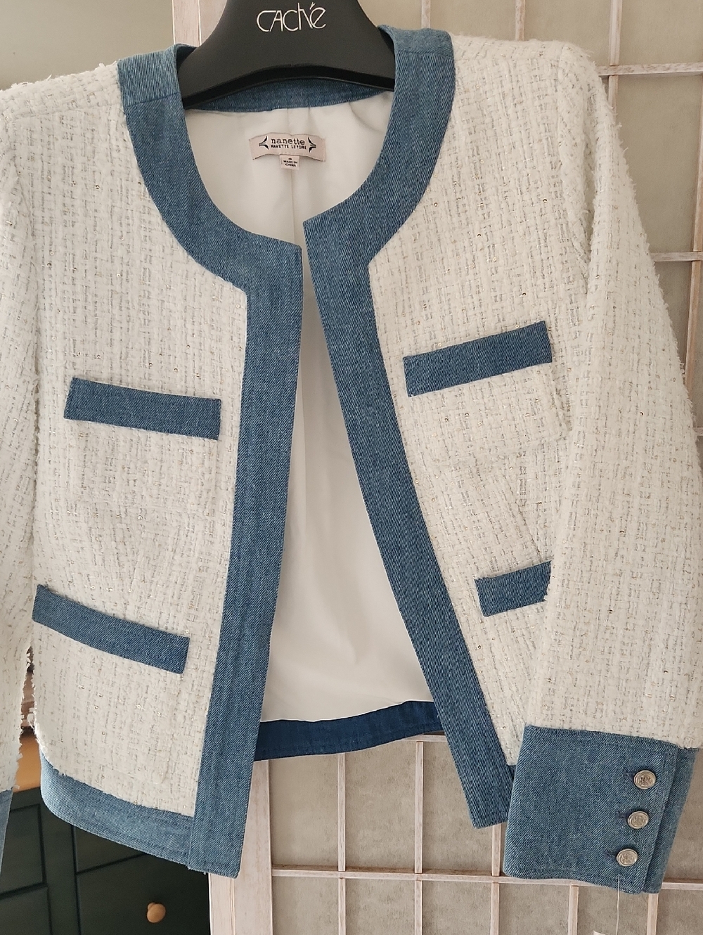 Nanette Lepore Cream Tweed Jacket with Blue Trim Tag Says Size 5